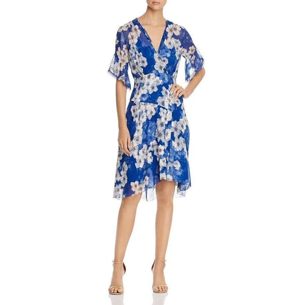 Elie Tahari Blue and White Floral Print Silk Dress Retail $448